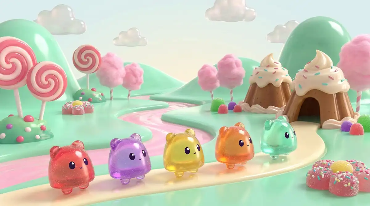 Five colorful Gomis walk through a candy valley, among lollipops and chocolate houses.