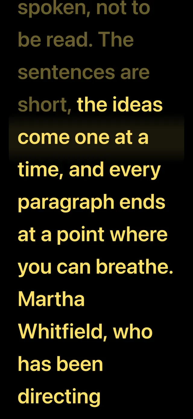 LOIGO’s reading screen: the script in amber on black, with the line being read highlighted.